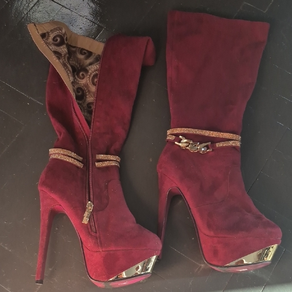 Cleopatra Burgundy High Heel Boots with Gold Boot Chains